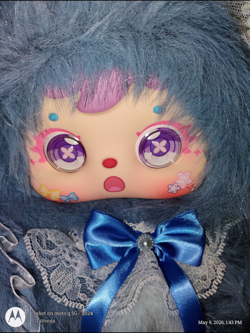 Plush Blue Fantasy Doll with Ribbon Bow
